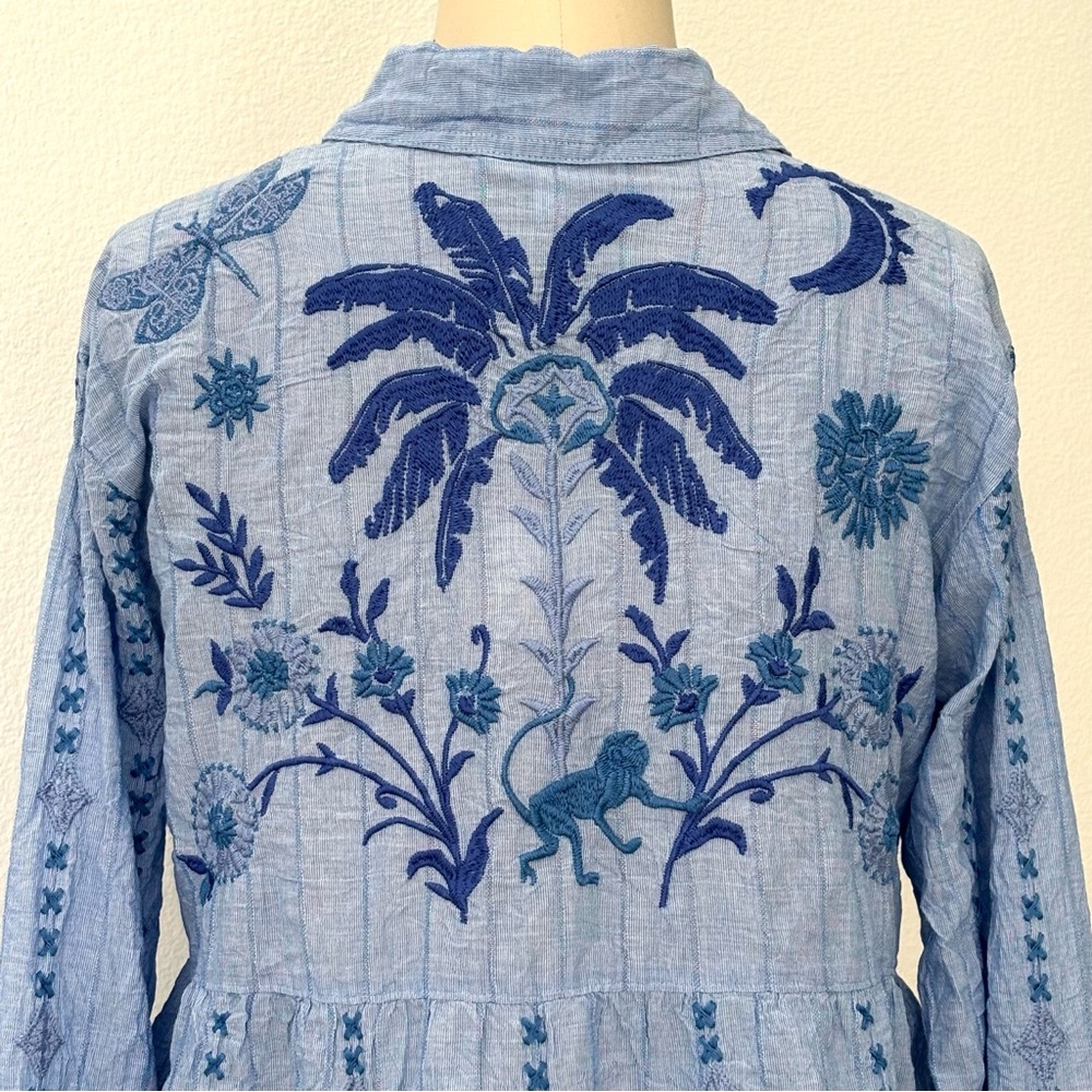 Johnny Was Workshop Tarra Tunic NWT Blue Cotton Blend Tropical Embroidery Boho M - Picture 9 of 11